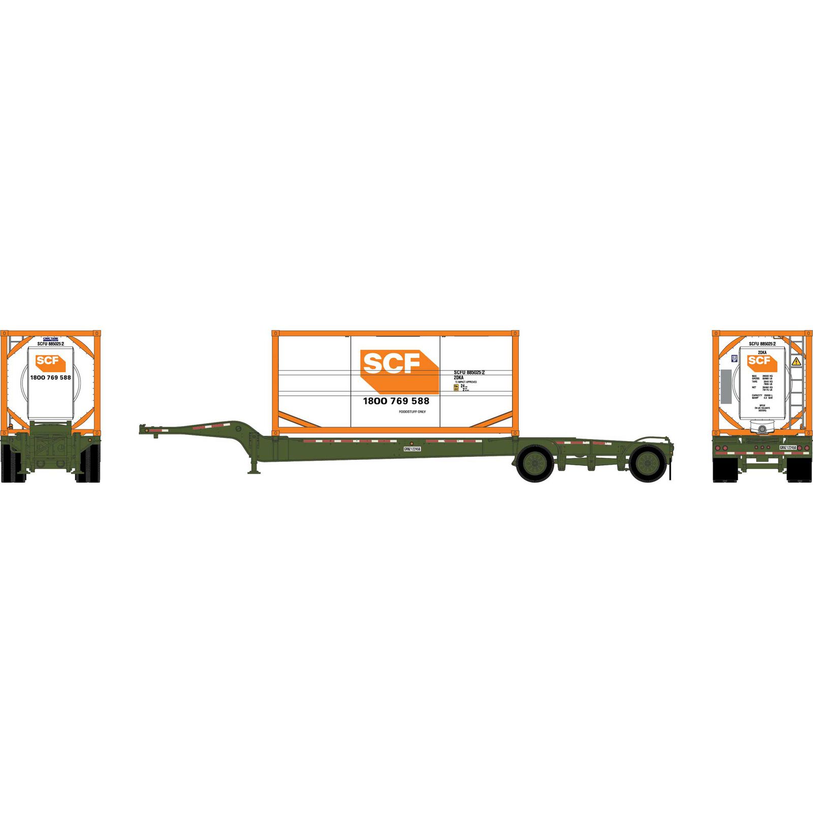 HO Drop-Frame Spread-Axle Chassis with Container, Chassis- Green #122456; Container- SCFU #885025 2