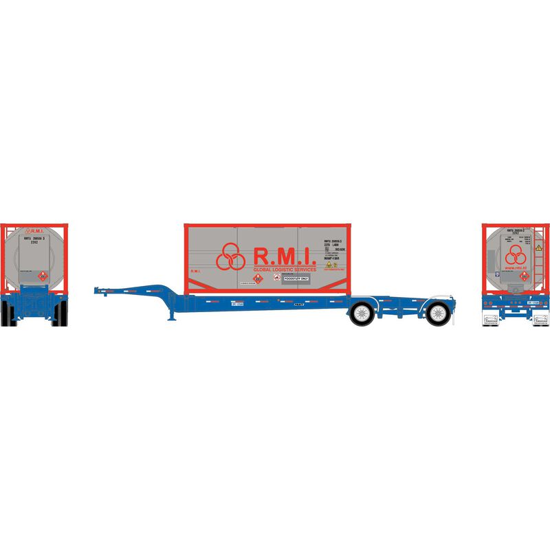 HO Drop-Frame Spread-Axle Chassis with Container, Chassis- Blue #122589; Container- RMTU #268647 8